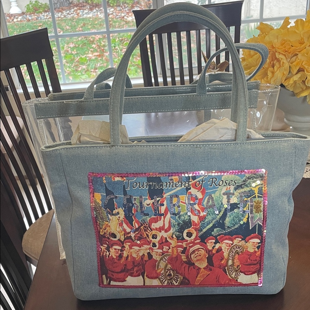 Denim Tote Bag with Sequin Tournament of Roses Parade Design.